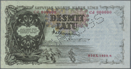 Latvia /Lettland: 10 Latu 1939 SPECIMEN P. 29ds, Series CJ, Sign. Valdmanis, Perforated PARAUGS, Zero Serial Numbers, In - Lettonia