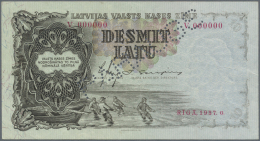 Latvia /Lettland: 10 Latu 1937 SPECIMEN P. 29as, Series V, Zero Serial Numbers, PARAUGS Perforation, Sign. Ekis, Light C - Lettonia