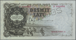 Latvia /Lettland: 10 Latu 1937 SPECIMEN P. 29as, Series F, Zero Serial Numbers, PARAUGS Perforation, Sign. Ekis, Light C - Lettonia