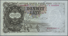 Latvia /Lettland: 10 Latu 1937 SPECIMEN P. 29as, Series A, Zero Serial Numbers, PARAUGS Perforation, Sign. Ekis, In Cris - Lettonia