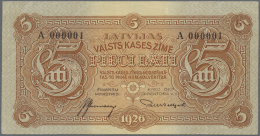 Latvia /Lettland: Unique And Highly Rare 5 Lati 1926 P. 23a, Issued Note, With Serial A000001, First Ever Issued Note Of - Latvia