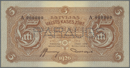 Latvia /Lettland: Very Rare 5 Lati 1926 Front SPECIMEN P. 23as, Uniface Print, Series A, Zero Serial Numbers, Perforatio - Lettonie