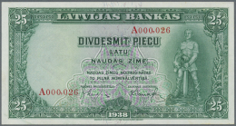 Latvia /Lettland: 25 Latu 1938 P. 21, Issued Note, Series A, Low Serial #A000.026, Only One Very Light Corner Dint, Othe - Lettonia