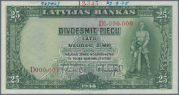 Latvia /Lettland: 25 Latu 1938 SPECIMEN P. 21s, Sign. Klive, Specimen Serial Number D1.000.000/D000.001, Perforated CANC - Lettonie