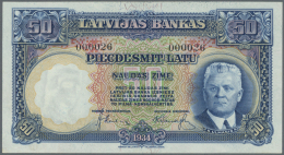 Latvia /Lettland: 50 Latu 1934 P. 20, Issued Note, Sign. Klive, Rare With Low Serial #000026, In Crisp Original Conditio - Latvia