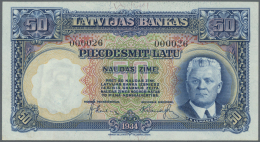 Latvia /Lettland: 50 Latu 1934 P. 20, Issued Note, Sign. Klive, Rare With Low Serial #000026, In Crisp Original Conditio - Lettonie