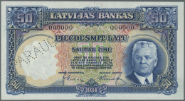 Latvia /Lettland: 50 Latu 1934 SPECIMEN P. 20s, With Zero Serial Numbers, Sign. Klive, Perforation PARAUGS, In Crisp Ori - Lettonie