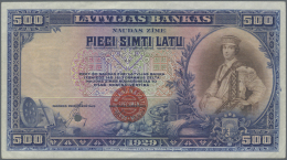 Latvia /Lettland: 500 Latu 1929 SPECIMEN P. 19s, With Red Overprint Of Waterlow & Sonst At Lower Center, W/o Serial - Lettonie