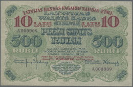 Latvia /Lettland: 10 Latu On 500 Rubli 1920 P. 13, Highly Rare With Very Low Serial #A000009, 9th Ever Printed Note Of T - Lettonia