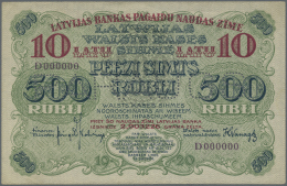 Latvia /Lettland: Rare SPECIMEN / Proof Print Of 10 Latu On 500 Rubli 1920 P. 13s/p Series "D", Uniface Print Of The Fro - Latvia