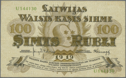 Latvia /Lettland: 100 Rubli 1919 P. 7f, Series "U", Sign. Kalnings, No Watermark In Paper, Relatively Low Serial Number - Lettonia