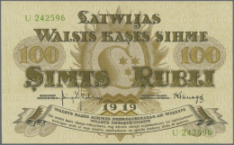 Latvia /Lettland: 100 Rubli 1919 P. 7e, Series "U", Sign. Kalnings, Light Dints At Left And Right Border, Condition: AUN - Lettonia