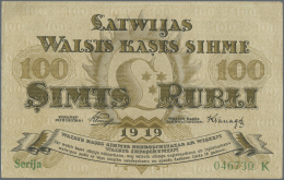 Latvia /Lettland: 100 Rubli 1919 P. 7b, Series "K", Sign. Purins, Light Dints At Left Border, Condition: AUNC. - Lettonia