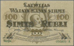 Latvia /Lettland: Rare SPECIMEN Note Of 100 Rubli 1919 P. 7a-b,s, Series "A", Sign. Purins, Zero Serial Number, PARAUGS - Lettonia