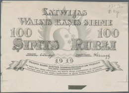 Latvia /Lettland: Rare Uniface Front PROOF Print Of 100 Rubli 1919 P. 7p, W/o Serial, Sign. Erhards, Black & Dark Gr - Lettonia