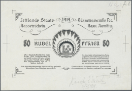 Latvia /Lettland: Rare Uniface BACK PROOF Of 50 Rubli 1919 P. 6p, Without Serial Number, Printed In Black Color On White - Latvia
