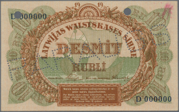 Latvia /Lettland: Rare SPECIMEN Of 10 Rubli 1919 Series "D" P. 4ds, Zero Serial Numbers,  2 Cancellation Holes, No Other - Latvia