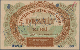 Latvia /Lettland: Rare SPECIMEN Of 10 Rubli 1919 Series "A" P. 4ds, Never Folded Vertically Or Horizontally, Minor Corne - Lettonie