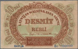 Latvia /Lettland: Rare SPECIMEN Of 10 Rubli 1919 Series "Bc" P. 4b-c,s, Signature Purins, Zero Serial Numbers, Light Han - Lettonia