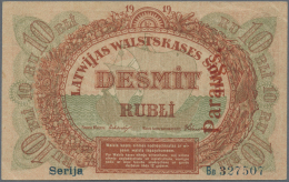 Latvia /Lettland: Rare Specimen Note 10 Rubli 1919 P. 4as, With Regular Serial Number, Series "Bb", Red Vertical "Paraug - Lettonie