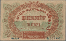 Latvia /Lettland: Rare Specimen Note 10 Rubli 1919 P. 4as, With Regular Serial Number, Series "Bb", Red Vertical "Paraug - Lettland