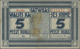 Latvia /Lettland: 5 Rubli 1919 Series "D", P. 3d, Signature Purins, Watermark "thin Horizontal Lines", Used With Folds A - Lettonie