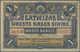 Latvia /Lettland: Very Rare Note 1 Rublis 1919 P.1 With Serial Number #A 000003, 3rd Note Ever Issued, Watermark "wavy L - Lettonie