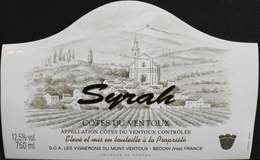 ETIQUETTE De VIN " CÔTES-du-VENTOUX " - Appel. Contrôlée - Syrah 12,5° - 75cl - TB. état - Côtes Du Ventoux