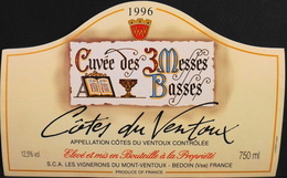 ETIQUETTE De VIN " CÔTES-du-VENTOUX 1996 " - Appel. Contrôlée - 12,5° - 75cl - TB. état - Côtes Du Ventoux