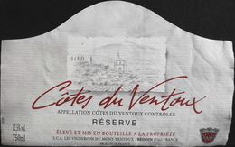 ETIQUETTE De VIN " CÔTES-du-VENTOUX " - Appel. Contrôlée - 12,5° - 75cl - TB. état - Côtes Du Ventoux