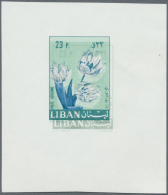 Libanon: 1960 Ca., Air Mail Essays On Small Sheetlet For 23p. Value Flowers, One Printed On Card Missing Red Color, One - Libanon