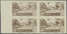 Libanon: 1957, Skiing & Tourism 100p. Grey Brown Imperf Margin Block Of Four On Thin Paper, Gummed On Front, Fine An - Libanon