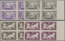Libanon: 1945, Skiing & Waterfall Complete Set Of Four Values In Imperf Margin Blocks Of Four On Grey Paper, Mint Ne - Lebanon