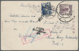China: 1923, Junk 7 C. Tied "SHANGHAI 5.2.30" To Ppc To Austria, Marked "T/SHANGHAI" And Boxed "T Ctms" With Blue Crayon - Covers & Documents