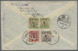 China: 1920, Flood Victims Semipostal Set Cpl. (1 C. Pair) Tied Boxed Bilingual "YENCHOWFU" To Reverse Of Cover Via "SHA - Covers & Documents