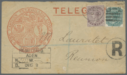 Indien - Used Abroad: ADEN 1883: Printed Telegram Envelope Used Registered From Aden To REUNION, Franked By India QV 186 - Andere & Zonder Classificatie