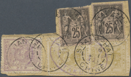 China: 1888, Small Dragon 3 Ca., 5 Ca. (pair) Tied Two Strikes Violet Oval "TAKU 8 - MAY 1890" In Combination W. France - 1912-1949 Republiek