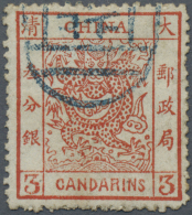 China: 1883, Large Dragon Thick Paper 3 Ca. Red Canc. Part Strike Blue Seal "Pe(king)" (Michel Cat. 350.-) - 1912-1949 République