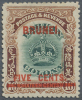 Brunei: 1906, 5c. On 16c. Green And Brown Showing Variety "line Through B", Bright Colours, Well Perforated, Natural Gum - Brunei (1984-...)