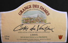 ETIQUETTE De VIN " CÔTES-du-VENTOUX 1995 " - Appel. Contrôlée - 12,5° - 75cl - TB. état - Côtes Du Ventoux