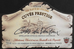 ETIQUETTE De VIN " CÔTES-du-VENTOUX 1998 " - Cuvée Prestige - Appel. Contrôlée - 13° - 75cl - TB. état - Côtes Du Ventoux