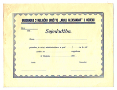 GRADJANSKO STRELJACKO DRUSTVO KRALJ ALEKSANDAR OSIJEK, SVJEDODZBA, CERTIFICATE, ZERTIFIKAT, Schießklub, - Tiro Con L'Arco