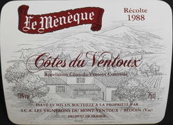 ETIQUETTE De VIN " CÔTES-du-VENTOUX 1988 " - Le Mènèque - Appel. Contrôlée - 13° - 75cl - TB. état - Côtes Du Ventoux