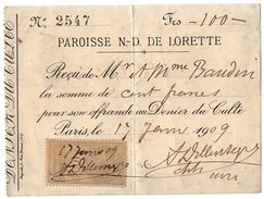 VP10.164 - PARIS - Reçu - Paroisse N - D. De Lorette - Godsdienst & Esoterisme