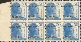 DEPENDENCIAS POSTALES ESPAÑOLAS. Tánger. ** MNH 109(8) 50 Cts Azul, Bloque De Ocho. HABILITACION DESPLAZAD - Spaans-Marokko