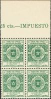 DEPENDENCIAS POSTALES ESPAÑOLAS. Marruecos-Fiscales. ** MNH 25 Cts Verde, Bloque De Cuatro. TIMBRE PARA ENVASES M - Spaans-Marokko