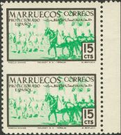 DEPENDENCIAS POSTALES ESPAÑOLAS. ** MNH 345(2) 15 Cts Verde Y Negro, Pareja. SIN DENTAR ENTRE LOS SELLOS. MAGNIFI - Marocco Spagnolo