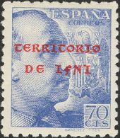 DEPENDENCIAS POSTALES ESPAÑOLAS. Ifni. * MH 11t 70 Cts Azul. Variedad "CON PIE DE IMPRENTA". MAGNIFICO Y RARO, SE - Ifni