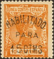 DEPENDENCIAS POSTALES ESPAÑOLAS. Guinea. * MH 58Y 15 Cts Sobre 10 Cts Naranja. Valor Clave. MAGNIFICO. (Edifil 20 - Spaans-Guinea