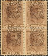 DEPENDENCIAS POSTALES ESPAÑOLAS. Cuba. * MH 82(3), 79 20 Cts Sobre 20 Cts Castaño, Bloque De Cuatro (tres - Cuba (1874-1898)